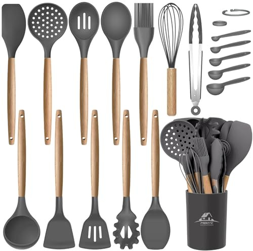 Mibote 17 Pcs Silicone Cooking Kitchen Utensils Set with Holder, Wooden Handles BPA Free Non Toxic Silicone Turner Tongs Spatula Spoon Kitchen Gadgets Utensil Set for Nonstick Cookware (Grey)
