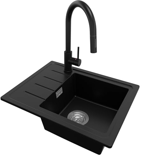 PRIMAGRAN Evier Cuisine en Granit au Meuble 45cm + Robinet, 55x44cm | Set: Robinet BW9010 + Kit de Vidage (Siphon, bonde d’évacuation, trop-plein) + Lavabo 1 Bac - Copenhague Easy, Noir