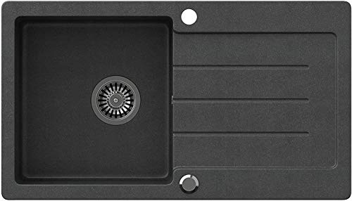 VBChome Spülbecken Schwarz 77 x 44 cm Granit Einzelbecken Einbauspüle gesprenkelt reversibel Verbundspüle + Siphon Waschbecken
