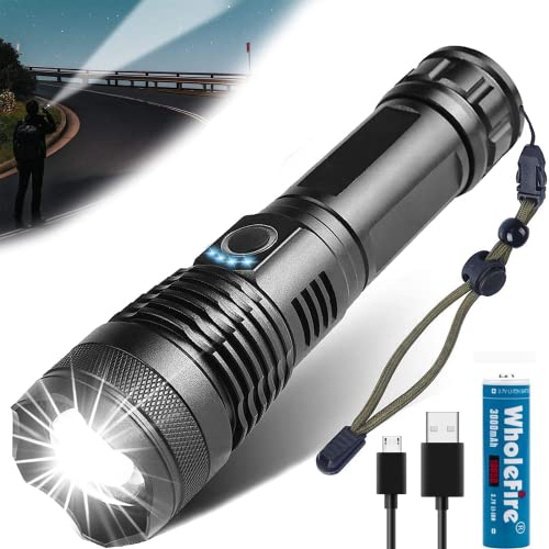 WholeFire Taschenlampe LED Aufladbar Extrem Hell, 100000 Lumen Taschenlampen Batteriebetrieben USB,5 Lichtmodi,IP65 Wasserdicht Flashlight Torch für Camping Wandern Notfälle (Schwarz)