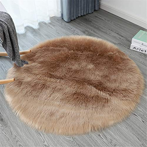SWECOMZE Alfombra de piel de oveja sintética, redonda, para salón, dormitorio, habitación de los niños, como alfombrilla de cama o alfombra para silla de sofá (caqui, 35 x 35 cm)