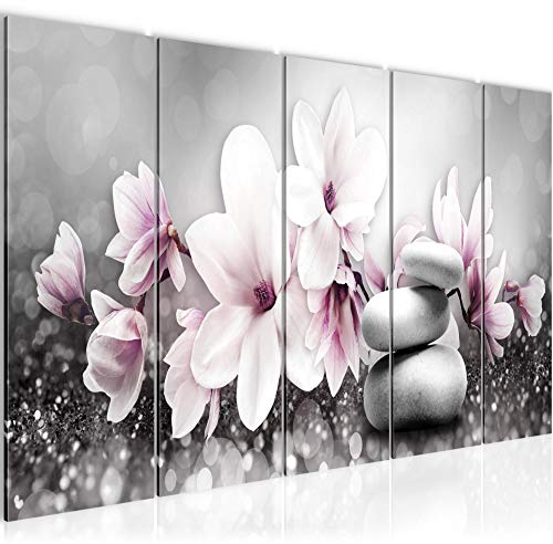 Runa Art Wandbild XXL Blumen Magnolien Wohnzimmer Schlafzimmer 200 x 80 cm Grau Rosa 5 Teilig - Made in Germany - 035455a