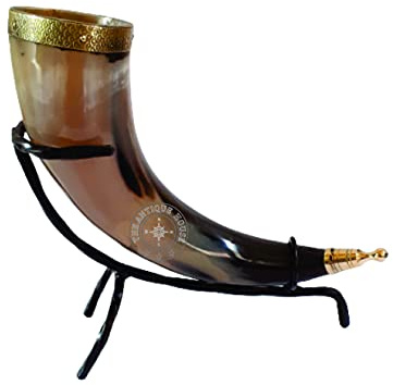 THE ANTIQUE HOUSE Taza de cuerno de buey vikinga medieval con soporte de hierro para cerveza y agua