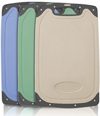 TOPAHGOD Schneidebrett Kunststoff, 3 Stücke Cutting Board mit Saftrillen und Griffe küchenzubehör, Rutschfeste Schneidebrett Set, BPA-Free Küchen Zubehör Küchen Gadgets Küchenhelfer(Beige + Grün+Blau)