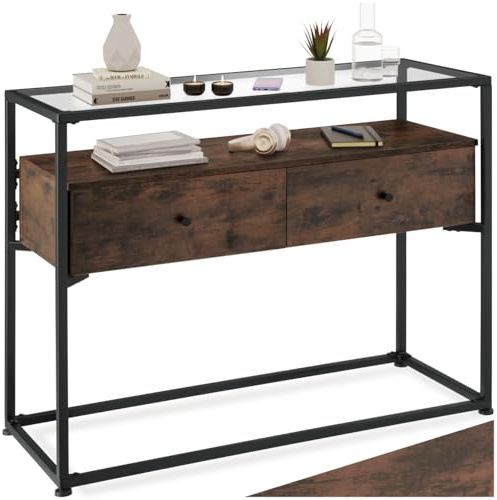 tectake® Konsolentisch schmal, Regal Kommode mit Glasplatte + Schubladen, 101,5x41,5x80,5cm, Sideboard mit 2 Ablagen, Beistelltisch, Wohnzimmer Möbel, Flur Möbel, Industrial Dunkelbraun