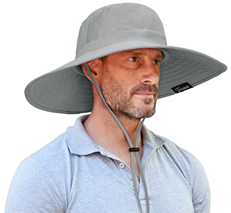 Outdoor Sonnenhut Herren Damen mit Kinnband,Faltbar Breite Krempe Bucket Hut,Summer Cap mit Nackenschutz UPF 50+ UV Schutz für Hiking Safari Strand Wanderhut Anglerhut Gartenhut Sonnenschutz Hut Grau