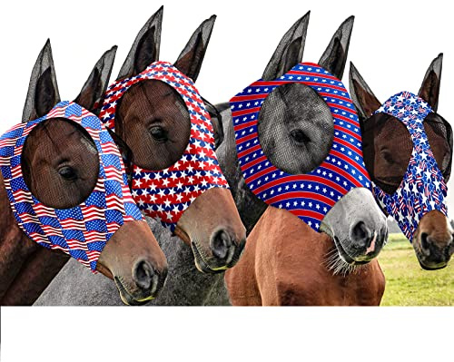 Frienda 4 Pcs 4th of July Horse Fly Mask with Ears 250th Anniversary Horse Face Covering Elasticity Smooth Comfortable Mask with UV Protection for Patriotic Independence Day(Large)