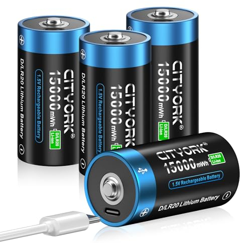 CITYORK Rechargeable D Batteries with 4 in 1 USB-C Charging Cable,1.5V Lithium D Size Cell Battery 10000mAh for Flashlight Toys & floodlight (4 Pack) (4)