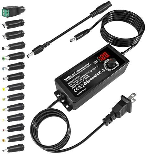 SoulBay Universal AC DC Power Supply Adapter 72W 3V to 24V Output with Adjustable Voltage & Volt Display for Household Electronics, 14pcs Tips & 1pc Reverse Polarity Cable Included, 3000mA Max