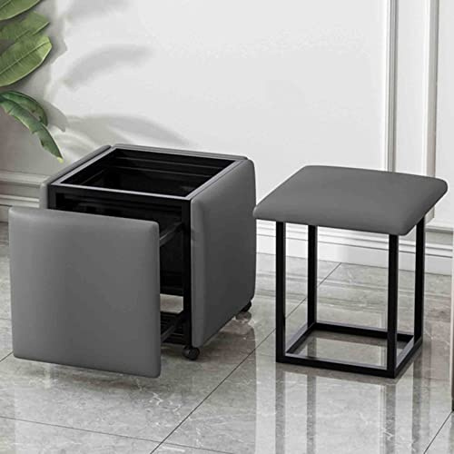 Taburete otomano anidado 5 en 1, silla apilable, sofá para el hogar, taburete de cubo mágico para comedor con asiento de cuero de napa, marco y ruedas de acero al carbono (Tamaño: 35x35x35 cm, Color: