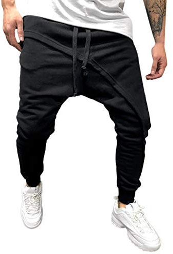 Pantalon long d'extérieur pour homme - Coupe ajustée - Couleur unie - Avec cordon de serrage - Confortable et respirant - Coupe ajustée - Style décontracté, Noir , L