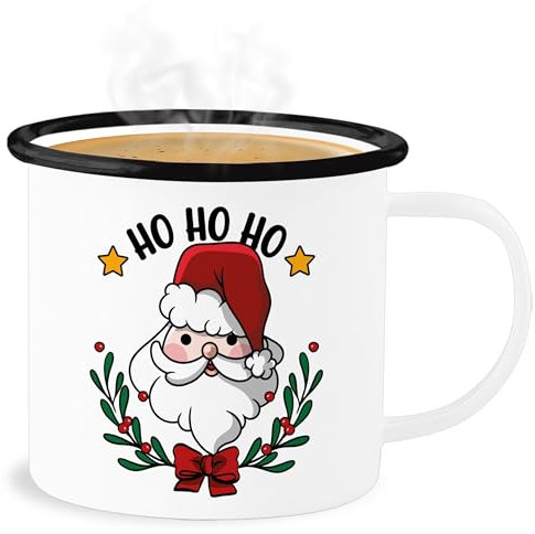 Emaille Becher Blechbecher - Weihnachtstasse Tasse Weihnachten - Ho Ho Ho mit Weihnachtsmann und Weihnachtsschmuck - 300 ml - Weiß Schwarz - weihnachtstassen christmas hoho weihnachtsmotiv