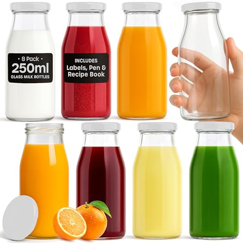 volila Glass Milk Bottles with Lids - 8 Pack x 250ml Glass Bottles with Lids, Labels, and Pen - Reusable Milk Bottle for Juices, Dressings, Sauces, Beverages, Decoration and Storage (WhiteLid)