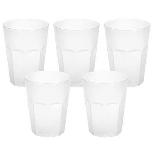 Engelland - 5 bicchieri di plastica, colore bianco, effetto gelo, 400 ml, punto calibrato, infrangibile, impilabili, riutilizzabili, in plastica, riutilizzabili, per feste, bicchiere da bere