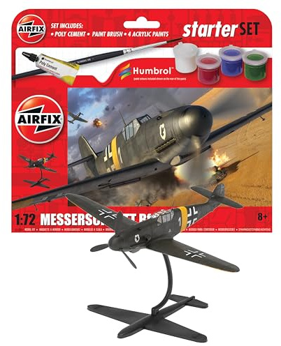 AIRFIX - Starterset – A55014 Messerschmitt Bf 109F-4 Modellbausatz – Plastikmodellbausatz für Erwachsene und Kinder ab 8 Jahren, Set enthält Abziehbilder, Pinsel und Polykleber – Maßstab 1:72