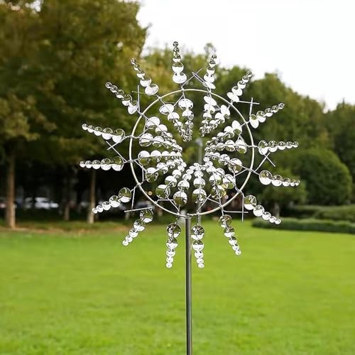 SENIURIS 3D Metall Sonnenblumen Windmühle, Magischer Wind Dynamics Spinner, Kinetische Windmühle mit Zwei Rotoren Einzigartig, Garten Outdoor Rasen Wetterfahne Yard Décor. (Silber)