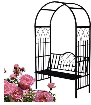 Arche de Jardin en Métal Arche de Jardin Robuste avec Banc Arche de Jardin Extérieure Treillis pour Décoration de Mariage, de Fête et de Cérémonie Banc pour 2 Personnes, Charge de 660 Lbs(Black)