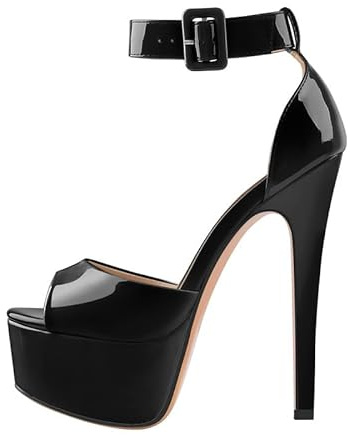 MissHeel Women's Peep Toe Slim High Heel Pump Sandals Buckle Strap Mary Jane Platform Court Shoes Black Heel Size 7