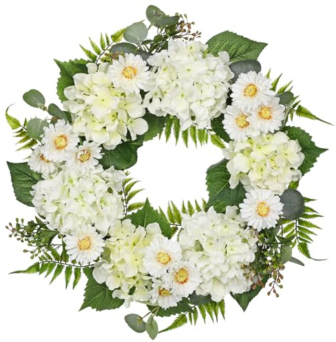 Hollyone 50cm / 20in Weiße Kunst Hortensie Kranz mit Gänseblümchen Deko, Handgefertigter Seide und Eisen Blumenkranz für Haustür, Wand, Bauernhof Deko