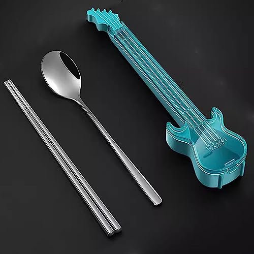 GAROEN Palillos Chinos Reutilizables para Principiantes, Juego de cucharas y Palillos de Acero Inoxidable, Caja de Almacenamiento de Cubiertos para Guitarra (7)