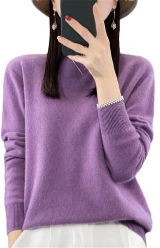 Pullover da donna a maniche lunghe, tinta unita, 100% lana merino, girocollo, maglione lavorato a maglia in cashmere, Viola scuro, XXL