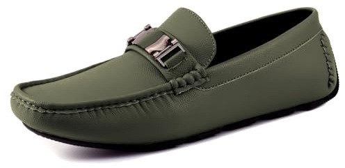 Amali Driving Moccasins, Faux Leather with Enamel Horse-Bit Ornament & Soft Lining, Comfortable & Stylish Mens Dress Loafers for Everyday Wear - Olive Green, Size 10.5