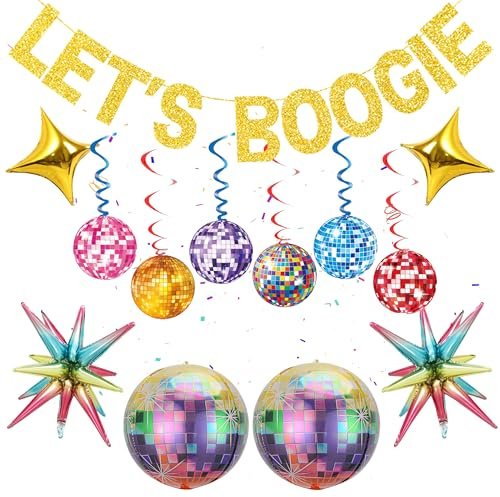 70s Disco Party Banner Decorations - 23 Pieces Colorful Lets Boogie Decor Hanging Swirls, Explosion Star Laser Rainbow Disco Balloons for 60s 80s 90s Retro Party Ceiling