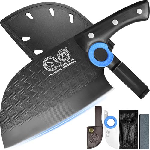 XYJ Authentic Since 1986, Heavy Duty Large Meat Cleaver, cuchillo de carnicero de chef serbio con estuche, cuchillo de cocina vegetariano de Chefs, Full Tang for Outdoor Camping, Wood Handle with