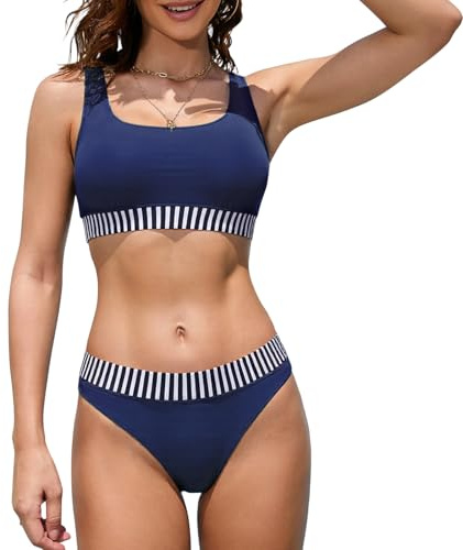 iSLASISIA Damen Sport Badeanzüge Zweiteiliger Crop Top Gerippter Bikini mit frechem Unterteil