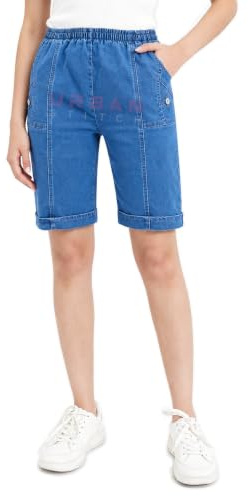 URBAN STITCH Women's Casual Denim Shorts Elasticated High Waist Knee Length Turn Up Hem Bermuda Ladies Plus Size Shorts Capri Stretch Jeans
