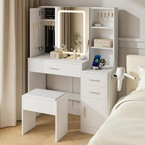TUKAILAi Dressing Table Set with Mirror and Stool, Adjustable LED Light Vanity Table with Charging Station, 3 Drawers Makeup Desk with Sliding Mirror Jewellery Organizer Sponge Hooks, for Girls Women