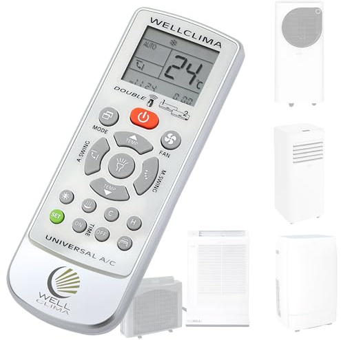 Wellclima® Telecomando per condizionatori portatili compatibile con Argo funziona con oltre 50 modelli, guida facile inclusa con lista modelli e codice dedicato, elegante, riutilizzabile, torcia LED