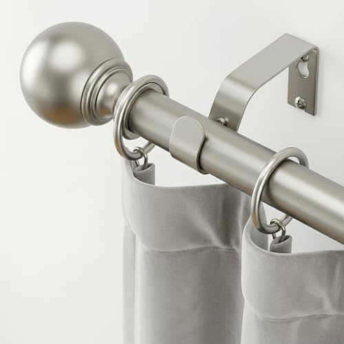 Jialexin Curtain Pole 40-190cm, Silver Stainless Steel Rail with Classic Ball Finials, 25mm Heavy Duty Pole for Eyelet Curtains (16-75 Inch)