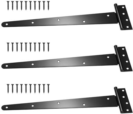 JF HOME BLISS Heavy Duty T-Hinges Workshop Shed Hinges Replacement Gate Hinges Outdoor Gate Hinges Fence Gate Hardware for Outdoor Wooden Gates Black 3 Pack with Mounting Screws (12-inch)