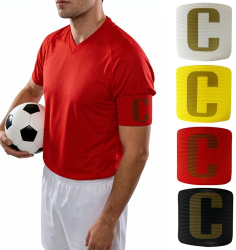 Vyqrx 4er Set Kapitänsbinde - Reine Farben (Weiß, Gelb, Schwarz, Rot) mit „C“ Logo, Verstellbare Elastische Armbinden für Fußball & Mannschaftssport
