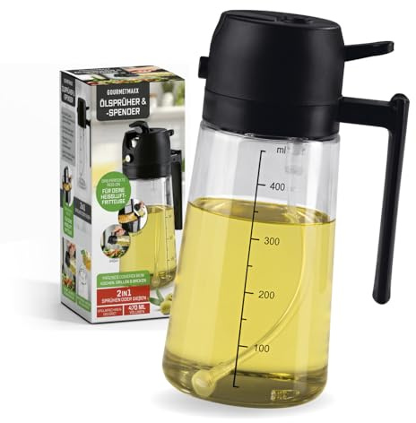 GOURMETmaxx 2-in-1 Ölsprüher & Ölspender aus Glas | feiner Nebel (0,15 g/Stoß) oder Ölstrahl | 470 ml Ölgießer, spülmaschinenfest, nachfüllbar | ideal für Heißluftfritteuse, Grill & Pfanne