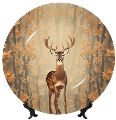 PHAYAH Sika Hirsch im Dschungelmuster, Knochenporzellan, dekorativer Teller, Keramik, Essteller, Basteln, mit vertikalem Ständer, für Zuhause, Büro, Dekoration, 17,8 cm