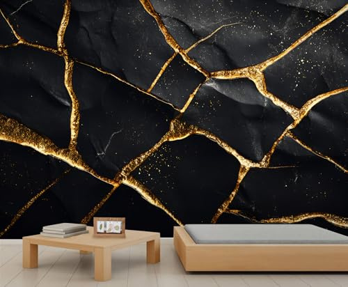 YEMYOR Black Gold Marble Mural Wallpaper Black Brick Wall Wallpaper for Living Room Bedroom Golden Cracks Wall Mural for Kitchen Restaurant Office-100x100cm