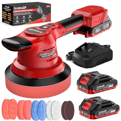 Pulidora de Coche Inalámbrica Brushless - 21V Pulidora Orbital Coche con 8000 RPM, 8 Velocidades, 2 Baterías, Cargador Rápido, Pulidora Coche 6 para Encerado, Pulido y Eliminación de Rayas