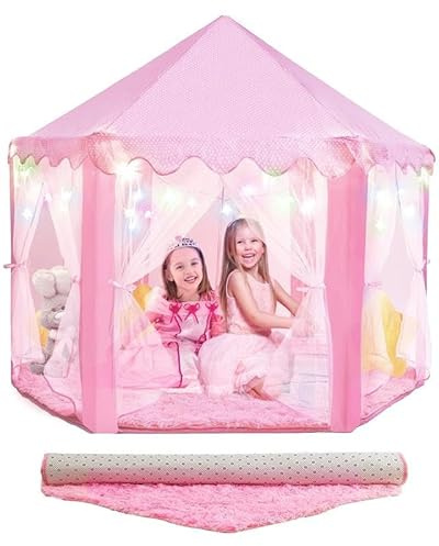 PLAYVIBE Tienda de campaña de princesa con alfombra, 55 x 53 pulgadas, para niños, luces LED estrelladas, acogedora casa de juegos para interiores + alfombra rosa, portátil y fácil de montar, idea de