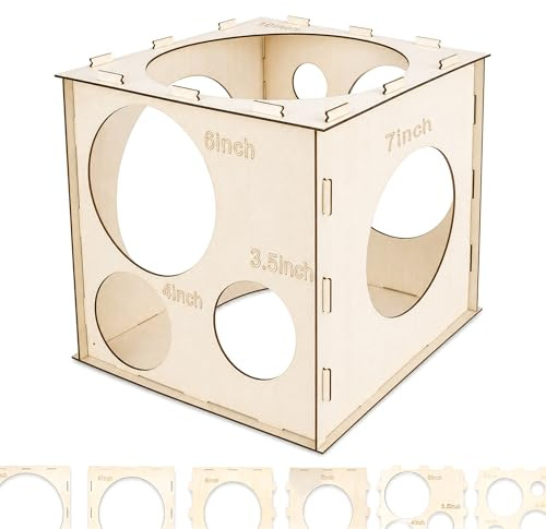 Collapsible Balloon Sizer Box 11 Hole Wooden Measuring Cube 2-10 Inch with 36 Rubber Bands PCIQUTE