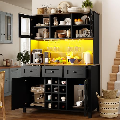 Xwiny Küchenschrank mit LED-Lichtleiste und USB-Anschlüssen, Hochschrank mit Schublade und Aufbewahrungsschrank, Buffetschrank mit Weinregal, Schwarz-B, 120x40x170 cm