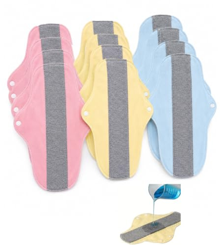 12pcs Reusable Period Pads,Reusable Sanitary Pads Washable Sanitary Pads for Women, Overnight Protection, Soft Reusable Incontinence Pads, Pink Blue Yellow Colour Set