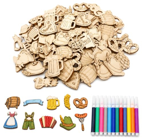 ZMaglorian Oktoberfest Holz Streudeko 50 Stück 12 Stile, Herz Basteln Bierfest Konfetti Tischdeko, mit 12 Malstiften, Holzdeko für Wiesn Party DIY, Bayrisch Oktoberfestdeko für Bierzelt