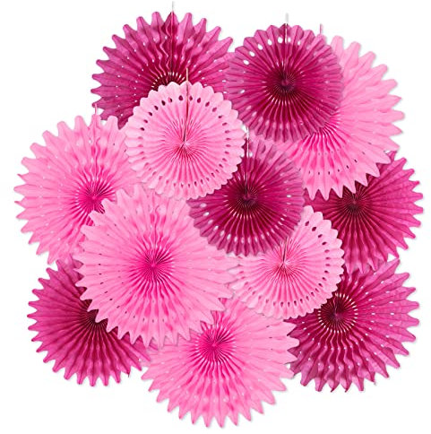 EASY JOY Pink Party Decorations 12PCS Pink Hanging Tissue Paper Fans Honeycomb Flower Papers Fan Decoration Wall Decor for Girls Women Birthday Baby Showers Wedding Festival Mexican Party
