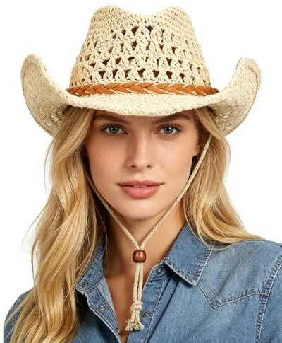 ITODA Sommar cowboyhatt hopfällbara halmhattar UPF50+ solskyddskeps brett brätte solhatt resa strandkeps västerländsk cowgirlhattar för män kvinnor camping vandring fiske beige