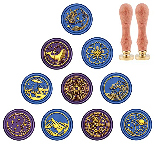 craspire Siegelwachsstempelset, Universum-Thema 10St. Messingkopf 2Stk. Holzgriff Retro Stempel Für Hochzeitsgeschenkverpackungen Umschläge Weinpakete