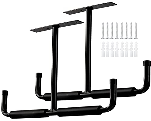 Overhead Garage Storage Hooks Rack Ceiling Mounted, Heavy Duty Utility Hooks Ladder Hanger for Hanging Hose Pipe Lumber & Other Bulky Items (2 Pack, Black)
