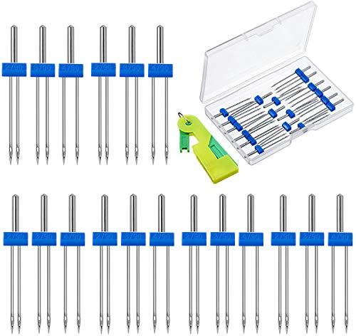 WILLBOND 18 Stück Nähmaschinen Zwilling Nadeln Doppelte Zwilling Nadeln Stifte Zwilling Strecken Nadeln mit Kunststoffbox, Automatischer Nadeleinfädler, 3 Gemischte Größen 2,0/90, 3,0/90, 4,0/90