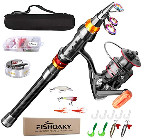 Angelrute Set Komplett, FISHOAKY Carbon Fiber Angelruten Teleskoprute und Spule Combo Kit mit Angelschnur Angelköder Set und Tragetasche für Kinder Erwachsene Salzwasser Süßwasse Fishing, 1,8M